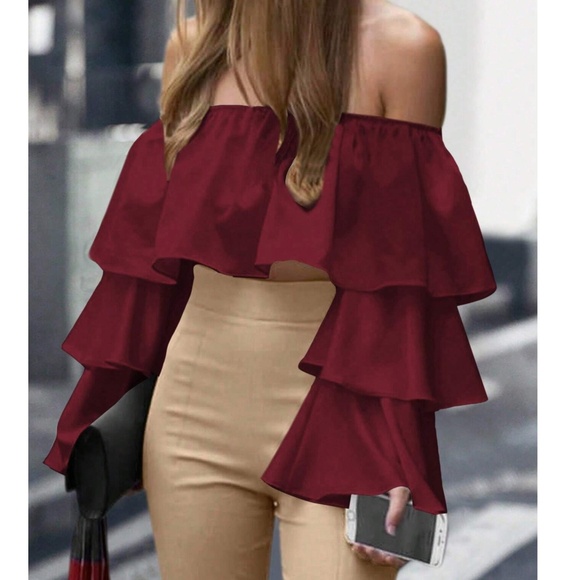 Boho Off Shoulder Ruffle Bell Long Sleeve Cropped Top - Picture 6 of 8